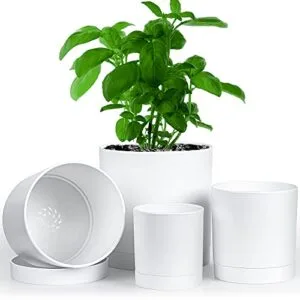 SMARTAKE 4 Pack Plastic Planters, 3.9/4.9/6/6.9 Inch Flower Plant Pots, Nursery Garden Pots with Drainage Holes and Tray, for Indoor, Outdoor, House, Office, Balcony, Succulents, Cactus, Herbs (White)