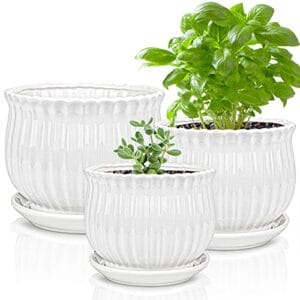 Yesland Ceramic Flower Plant Pots with Saucer, Set of 3 in Different Sizes, Modern Round Ceramic Succulent Planter Pots with White Stripe Texture for Garden