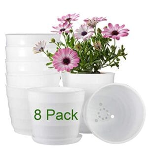 Flower Pots Indoor, ZOUTOG 6 inch Plastic Flower Planters with Drainage Hole and Tray, Pack of 8 - Plants Not Included