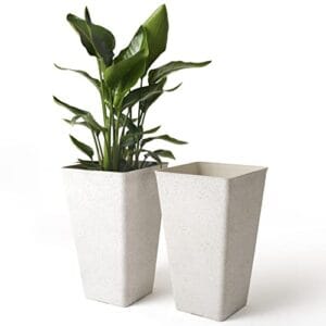 Large Outdoor Tall Planters - 20 Inch Indoor Square Plant Tree Planters with Drainage, Set of 2, Speckled White