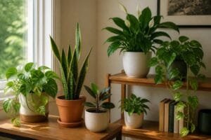 Plantas de interior en macetas de barro, cerámica y plástico junto a una ventana