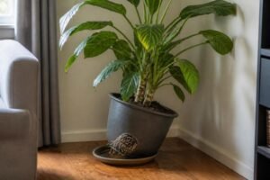 Planta grande en una maceta inestable con raíces saliendo por el drenaje