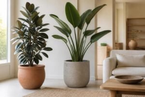Ficus elastica y ave del paraíso en macetas grandes y estables de terracota y cemento