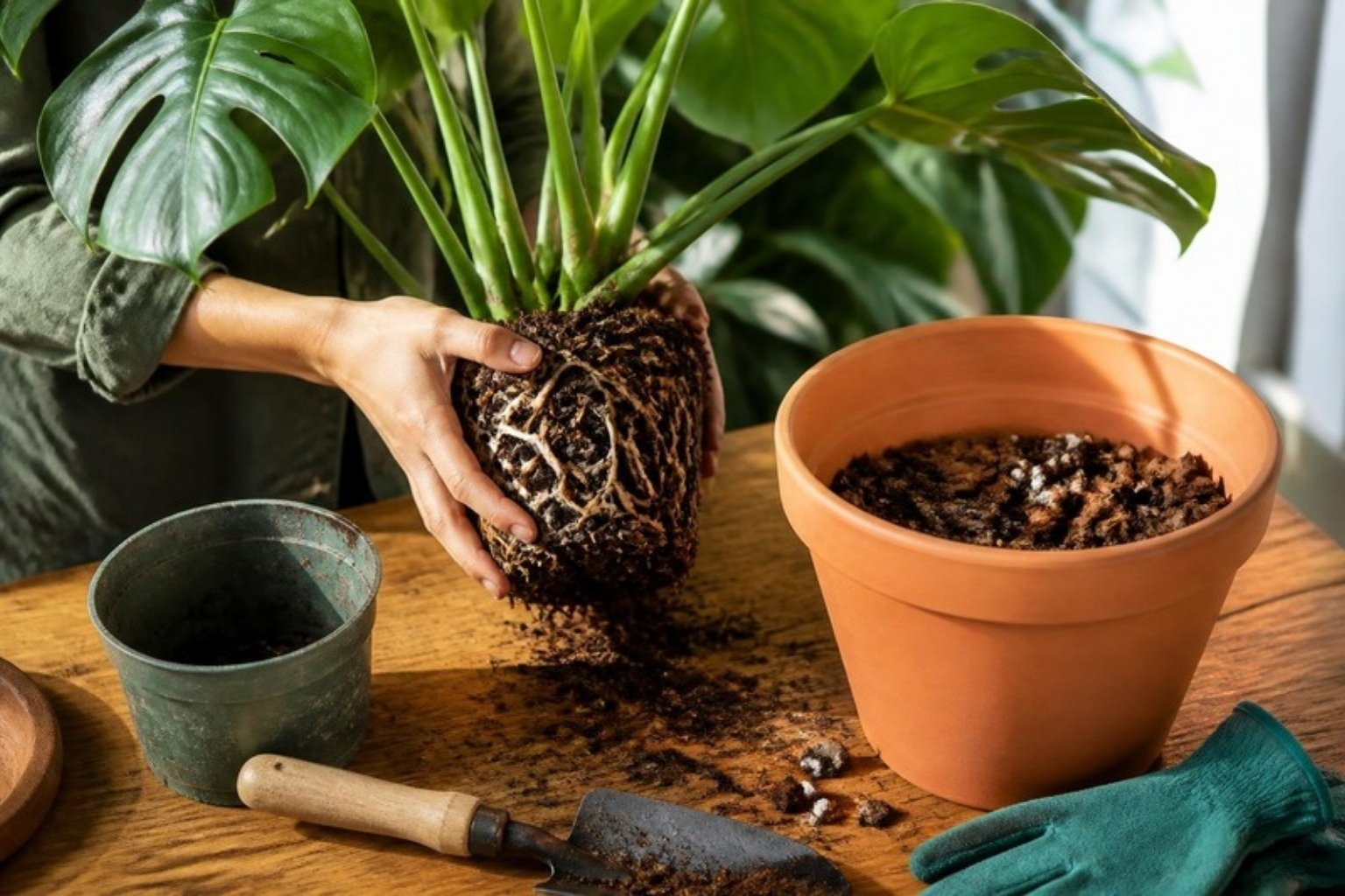 Trasplante de una monstera a una maceta de terracota más grande con sustrato nuevo
